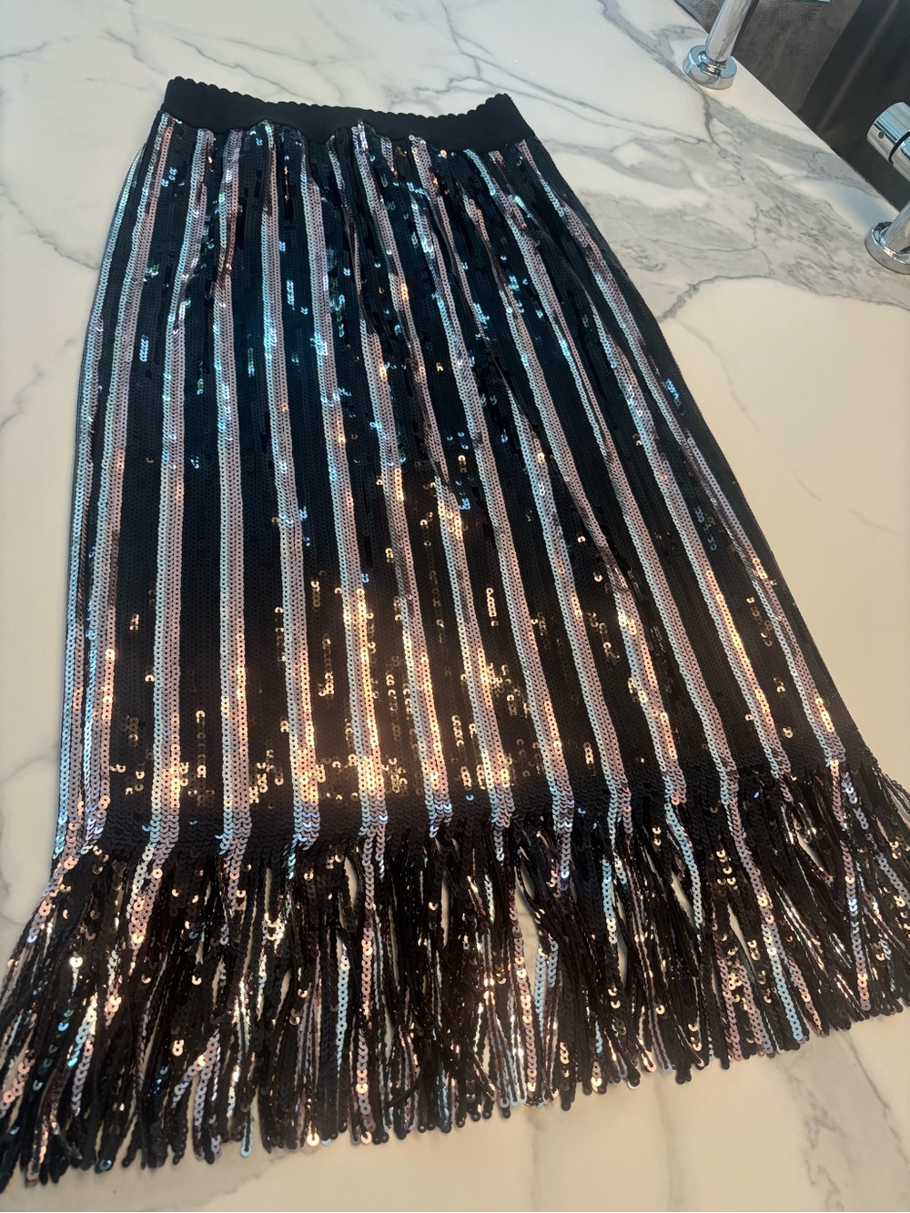 Black Sequin Fringe Midi Skirt